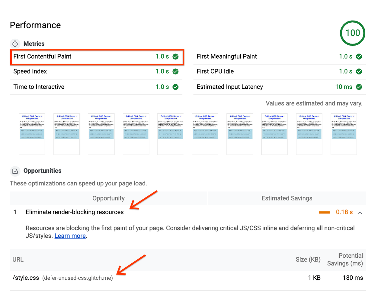 未经优化的网页的 Lighthouse 报告,显示 “1s” 的 FCP 并在 “Opportunities” 下显示“消除阻塞资源”