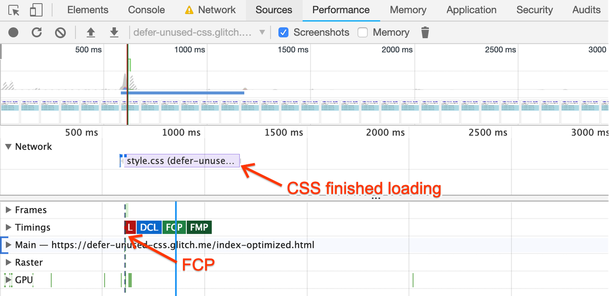 未经优化页面的 DevTools 性能跟踪,显示 FCP 在 CSS 加载前启动。