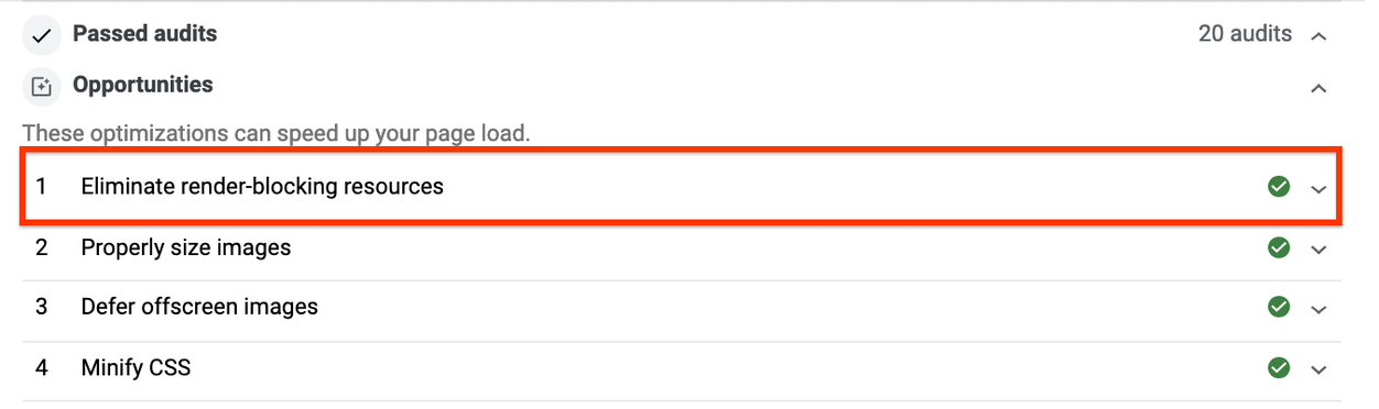 Lighthouse 报告,“消除阻塞资源”显示在“Passed Audits”部分中。