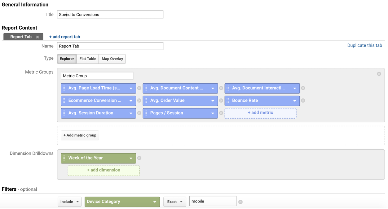 Google Analytics 中的自定义报告,用于分析速度对转化率和参与度的影响