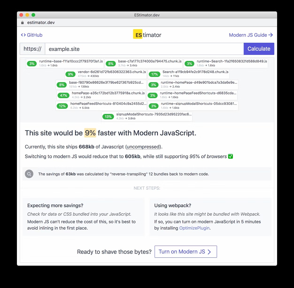 EStimator.dev 分析显示,网站使用现代 JavaScript 可以提速 9%