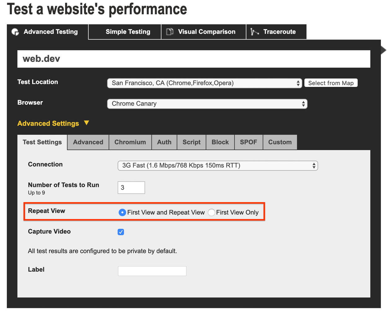 Webpagetest 还提供了测试首次加载和重复加载的选项