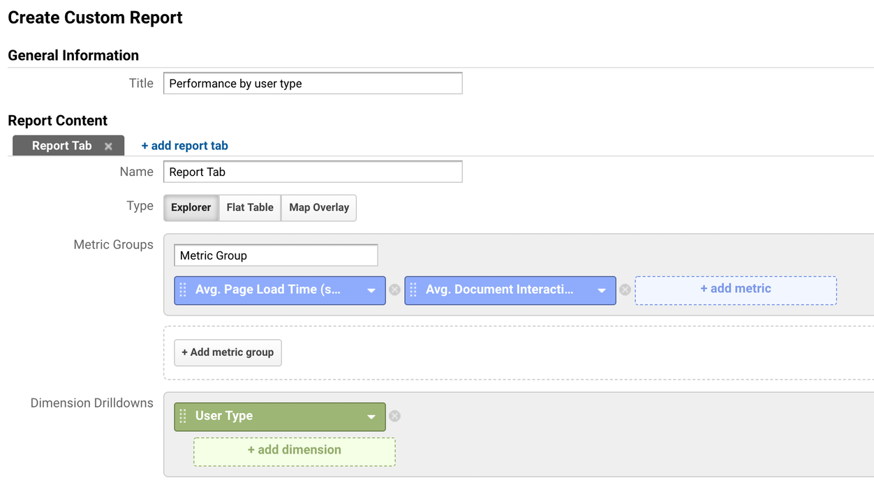 Google Analytics(分析)自定义报告可用于报告新用户和回访用户的速度指标