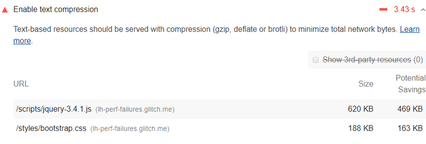 Lighthouse 审计未启用文本压缩的截图